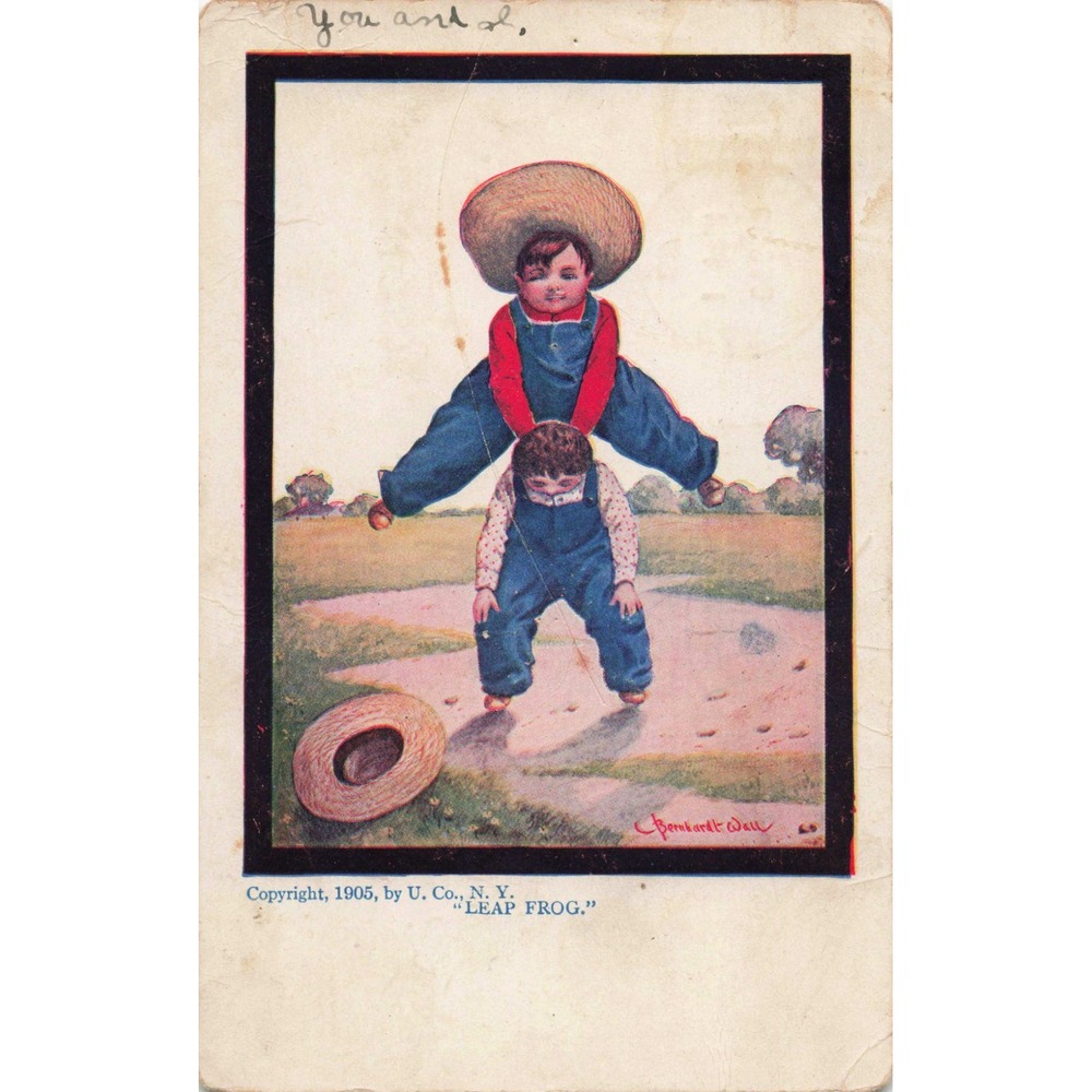 Vintage 1905 Bernhardt Wall Leap Frog Postcard Children Overalls 1907 Postmark - Picture 1 of 2